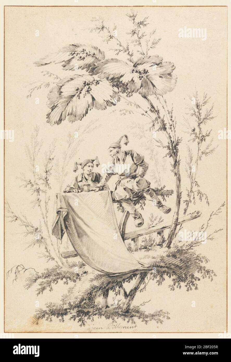 Disegno per la pagina del titolo Cahier des Parasols Chinois. Sotto alberi fantasiosi, un uomo e una donna cinesi sono seduti su una sezione di recinto rustico, sul quale è appeso un panno destinato al titolo. Foto Stock