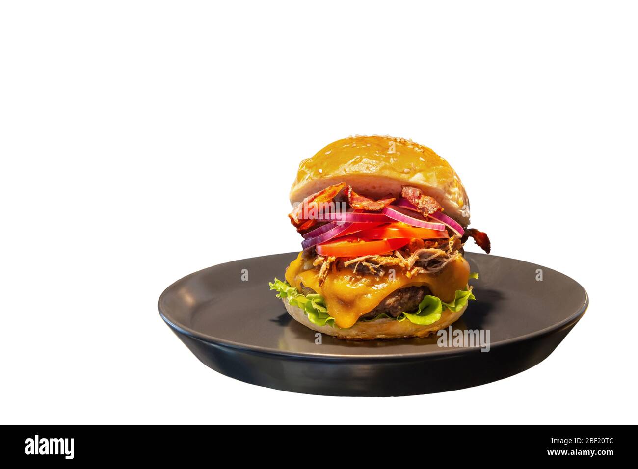 Primo piano con gustosi hamburger fatti in casa sul piatto del ristorante. Foto Stock