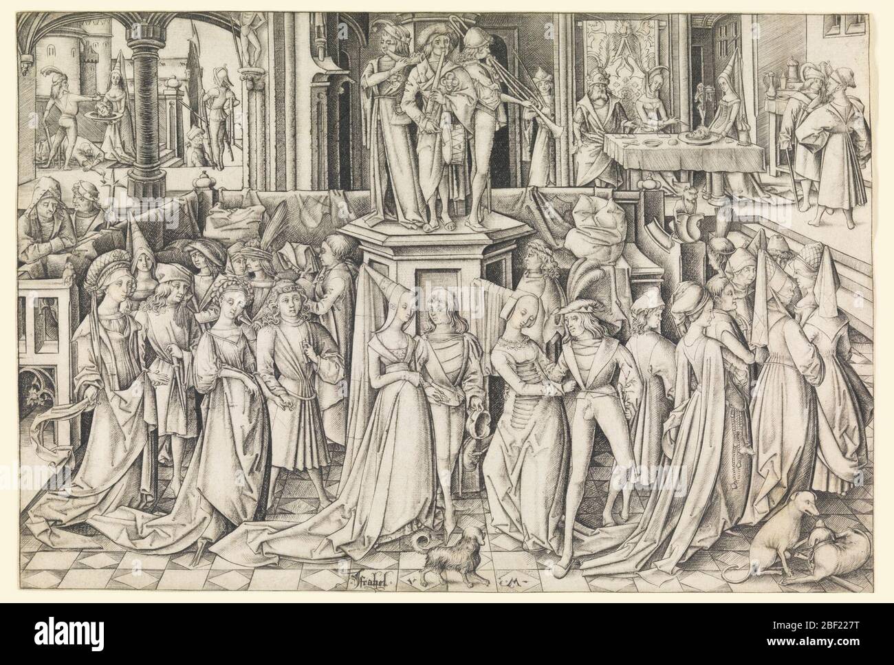 Danza delle Figlie di Erodias. Una scena per banchetti in un palazzo. In primo piano, diverse coppie ballano intorno ai musicisti che si trovano su un alto stand. Sullo sfondo, a sinistra: Decapitazione di San Giovanni Battista; a destra: Famiglia di Erode con il capo di San Giovanni. Foto Stock