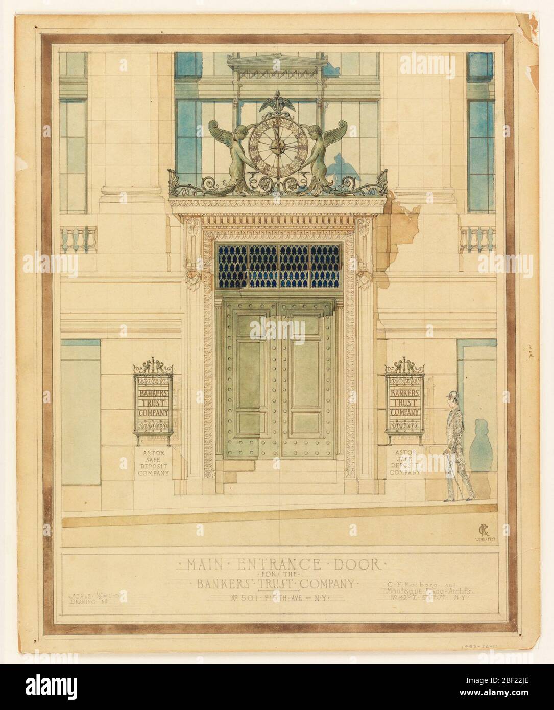 Design per porta di ingresso principale per la Bankers Trust Company New York NY. Elevazione del design per l'ingresso principale dell'edificio della banca. Una coppia di porte in bronzo sormontate da pannelli di griglia, racchiuse all'interno di un monumentale telaio in pietra composto da motivi e bordi classici. Foto Stock