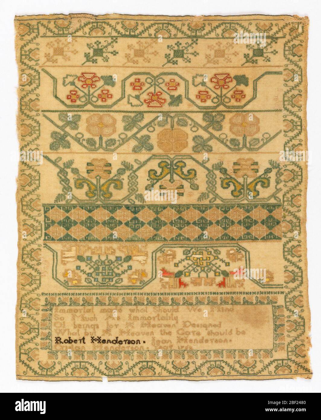 Campionatore. Bande di modelli di curvatura con un versetto in basso:'Immortal fatto che cosa dovremmo pensare tanto come immortalità, di esseri per un cielo progettato, che cosa ma un cielo il caso dovrebbe essere, Robert Henderson, Jean Henderson, Cristan Henderson anno 1762' Foto Stock