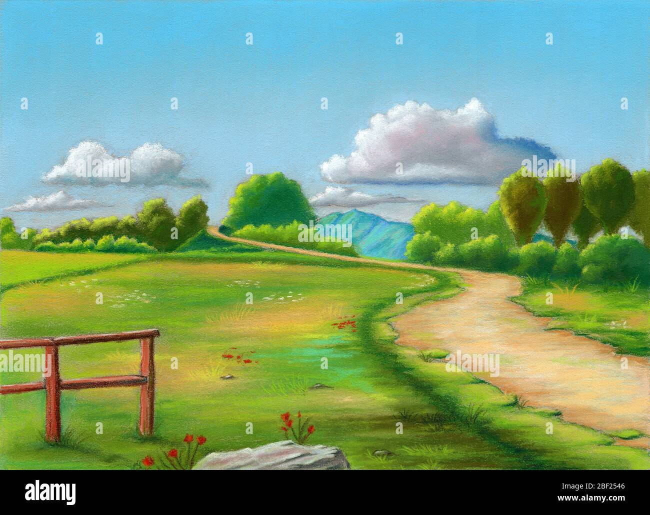 Paesaggio rurale durante la primavera. Illustrazione originale in pastello su carta smerigliata. Foto Stock