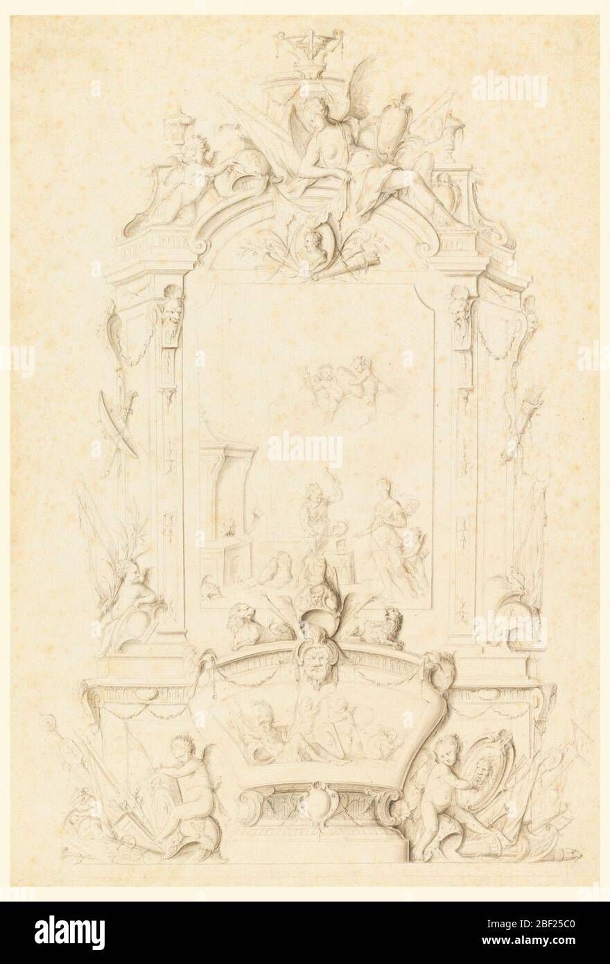 Venus alla Forge di Vulcan Design per un pannello laterale. Nello schema di un altare che è stato rettibile. Venere accompagnata da Cupido e che chiede le armi di Enea alla fucina di Vulcan è rappresentata nel pannello principale. Le allusioni ad un guerriero classico abbondano nella decorazione. Foto Stock