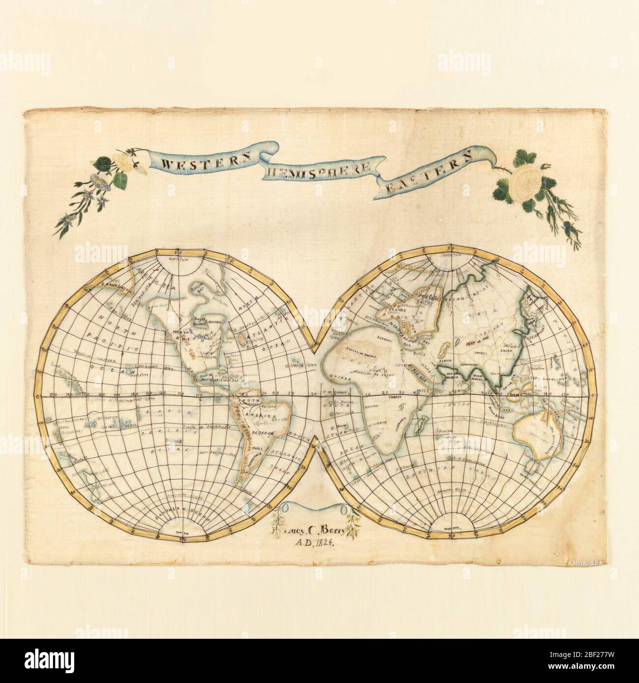 Campionatore di mappe. Una mappa ricamata del mondo mostrata come due emisferi tangenti. Un banner galleggia sopra con le rose occidentali e gialle dell'Emisfero Orientale. Con iscrizione al centro inferiore. Foto Stock