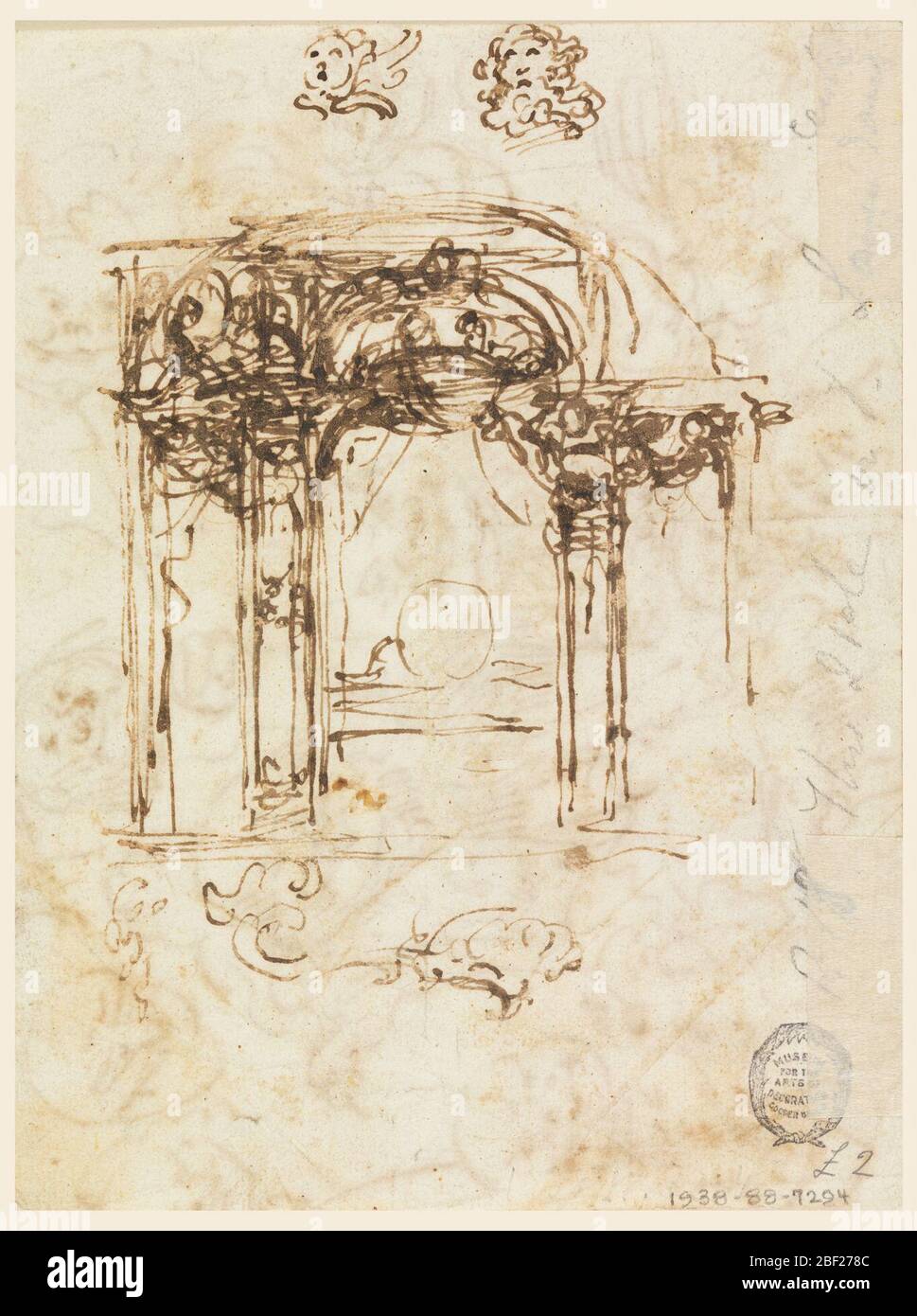 Studi dei capi. Le caricature si riferiscono principalmente ad un vecchio che indossa una parrucca; alcuni mostrano il busto. Le altre teste – non caricature – sono mostrate rivolte verso il basso o verso l'alto. Uno è un cherubino; alcuni conti sono scritti in intervalli e sopra schizzi. Foto Stock