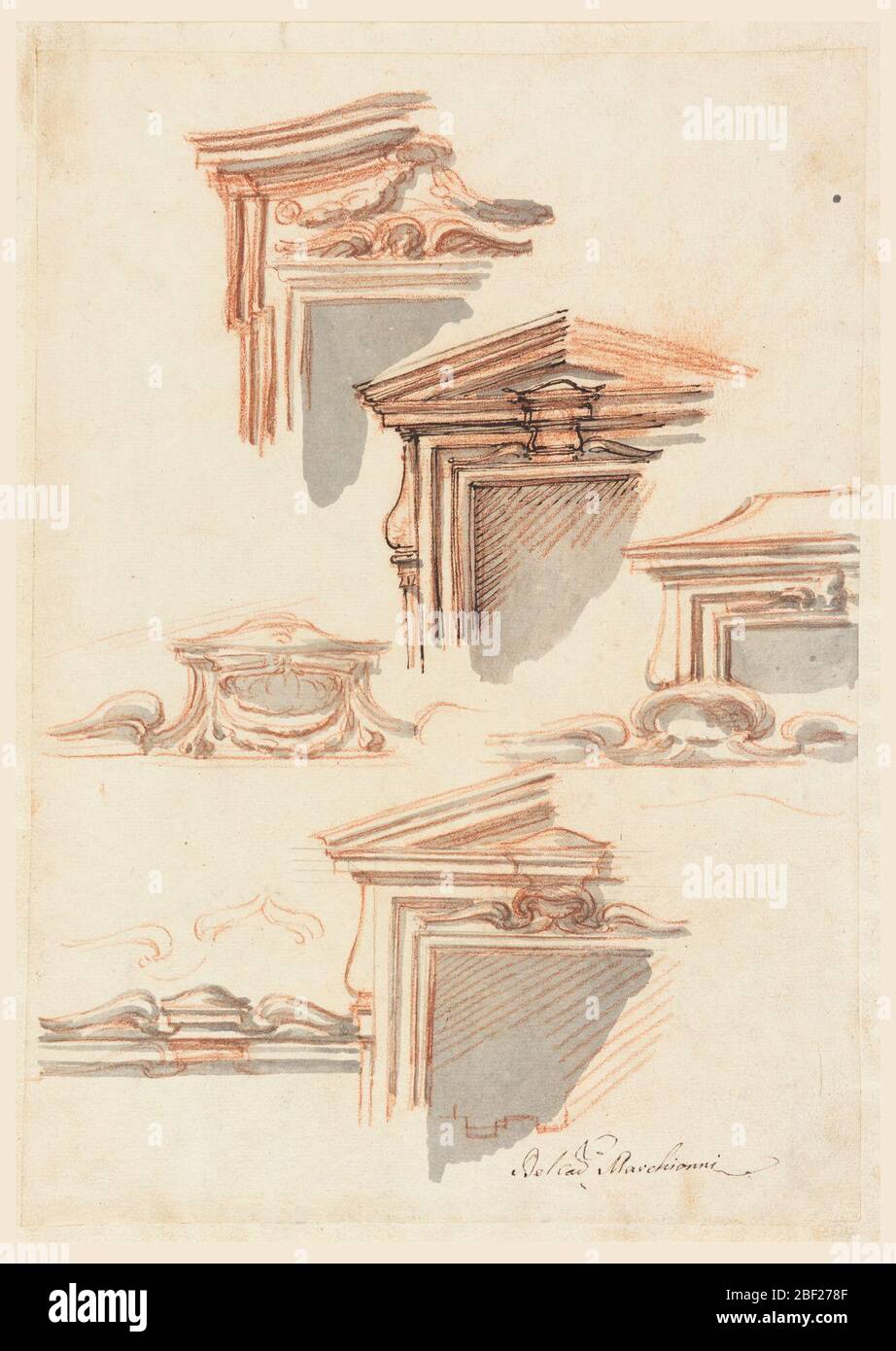 Casi finestra con suggerimenti alternativi. Sopra: L'entablatura è curva; nel pannello sopra il telaio della finestra sono presenti due festoni su un pediatra rotto. Foto Stock