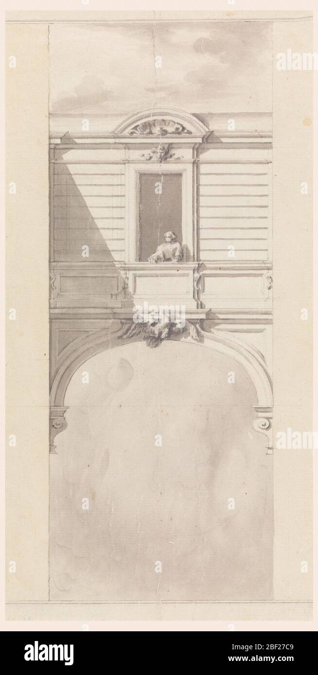 Disegno. Sotto è un modo arco. Colonne ioniche possono essere viste, solo le cime. Un'aquila è posizionata sul centro dell'arco. Un uomo siede nella finestra sopra l'arco. Foto Stock