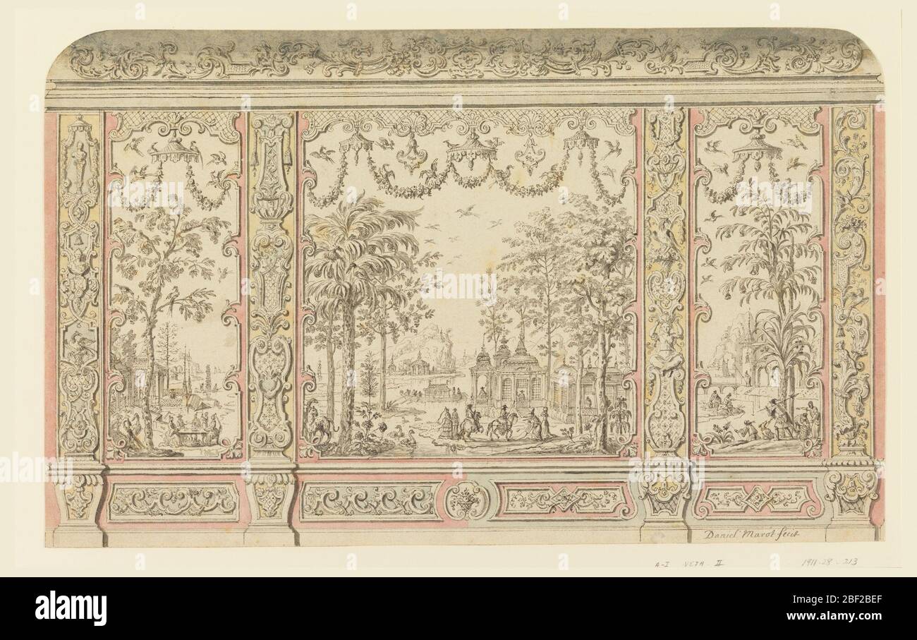 Design per decorazione murare Chinoiserie. Ampi pannelli centrali e due stretti pannelli laterali sono affiancati da listelli di pilaster. Ognuno di questi e i due mezzi del dado mostrano suggerimenti alternativi per la decorazione. I pannelli mostrano rappresentazioni di europei in paesaggi cinesi stilizzati. Foto Stock