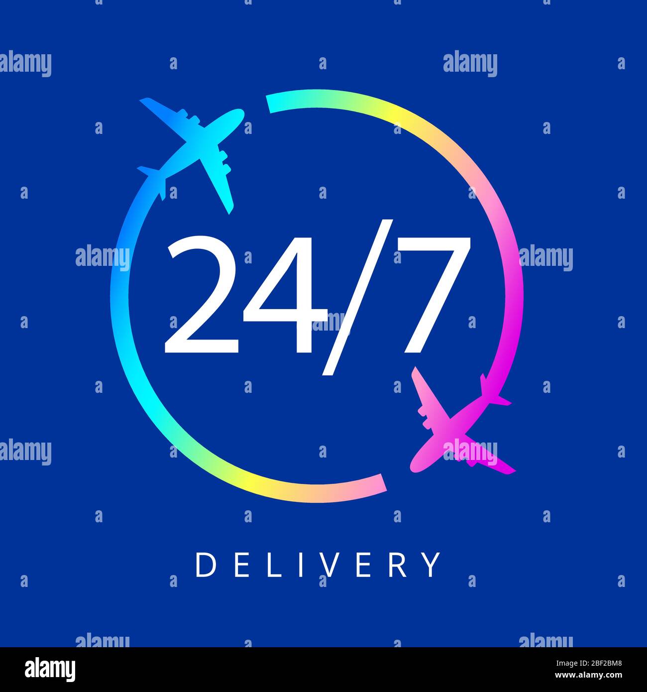 Ore consegna Express è aperta 24 ore al giorno e 7 giorni alla settimana su sfondo blu Illustrazione Vettoriale