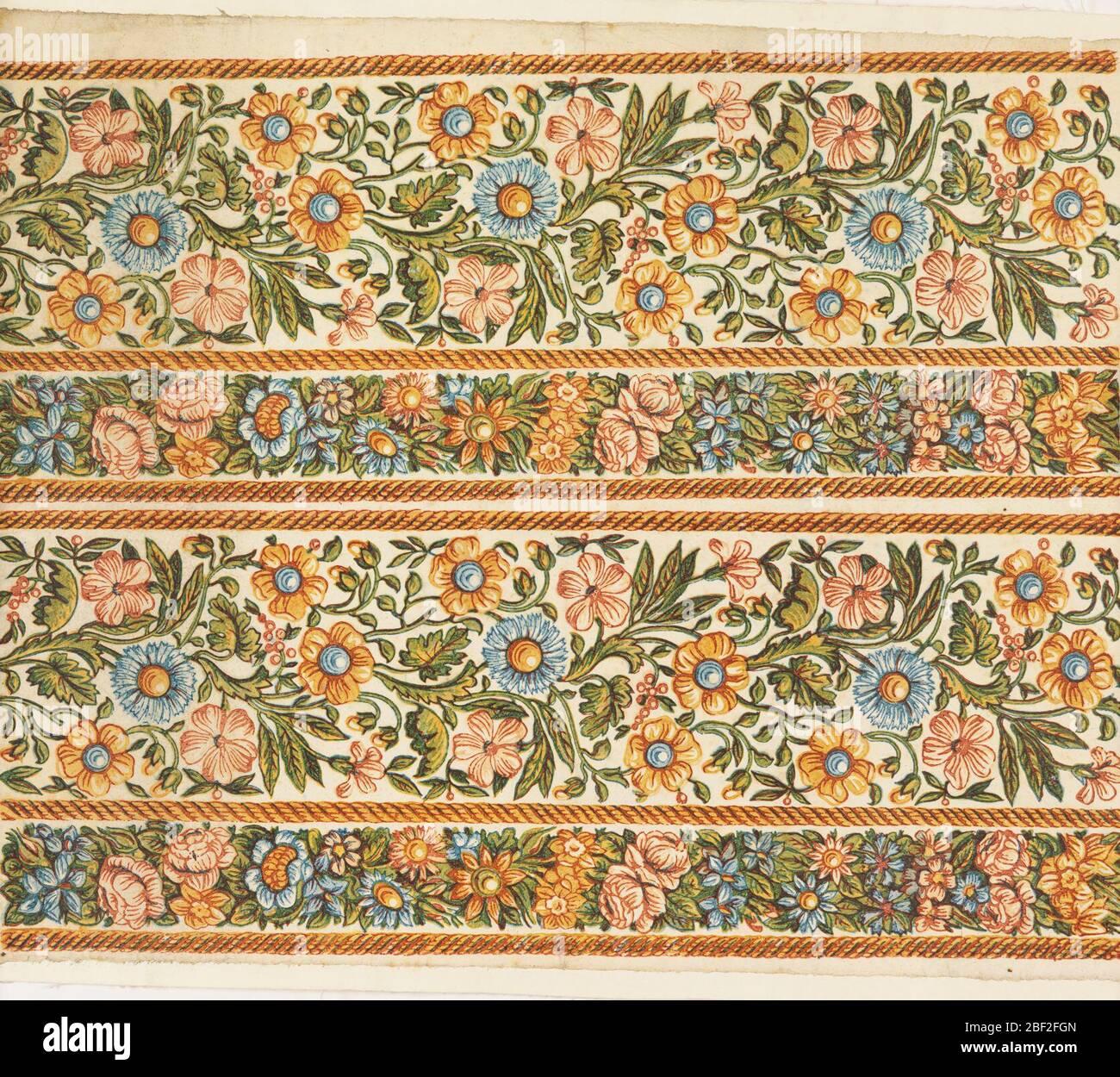 Bordo. Bordo floreale stampato due volte. Stampato a colori su carta color crema. Foto Stock