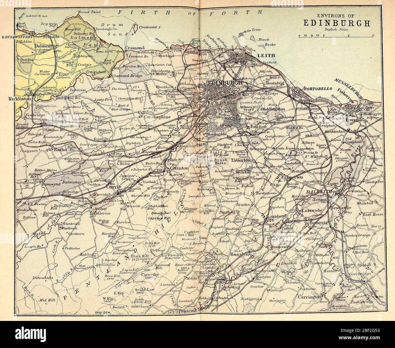 Mappa dei dintorni di Edimburgo, Scozia, circa 1891 Foto Stock
