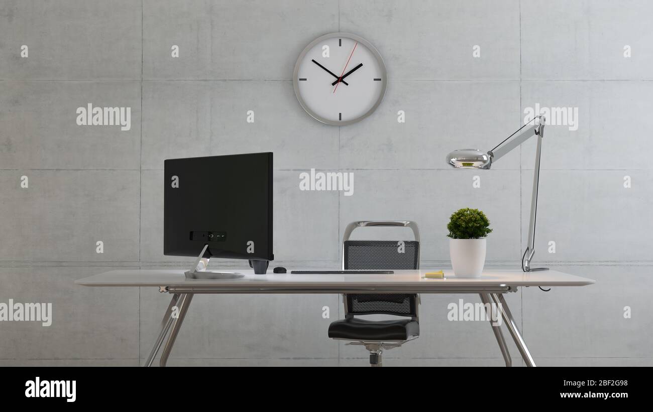 tavolo da ufficio con pianta, schermo pc con pianta, PC desktop, monitor,  tazza, adesivo, sedile, orologio, lampada da tavolo vista muro di cemento  realistico 3D rand Foto stock - Alamy