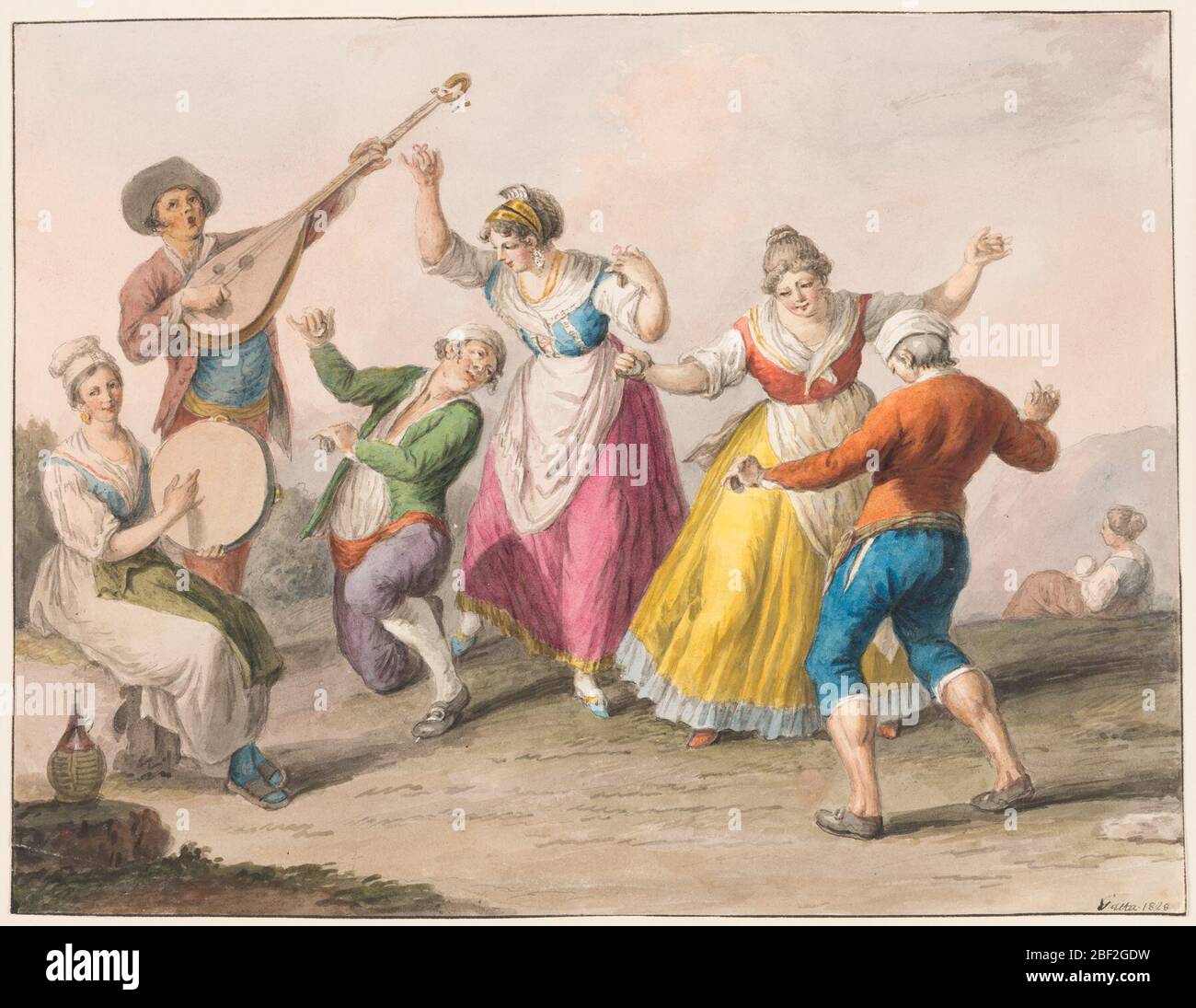 Danzatori Tarantella color acqua. Rettangolo orizzontale. Due coppie ballano all'aperto con la musica suonata da un uomo con una chitarra e una donna con un tamburello. Una donna con un bambino è mostrato a destra seduta nella distanza media ad un pendio. Paese montagnoso. Linee di inquadratura. Foto Stock