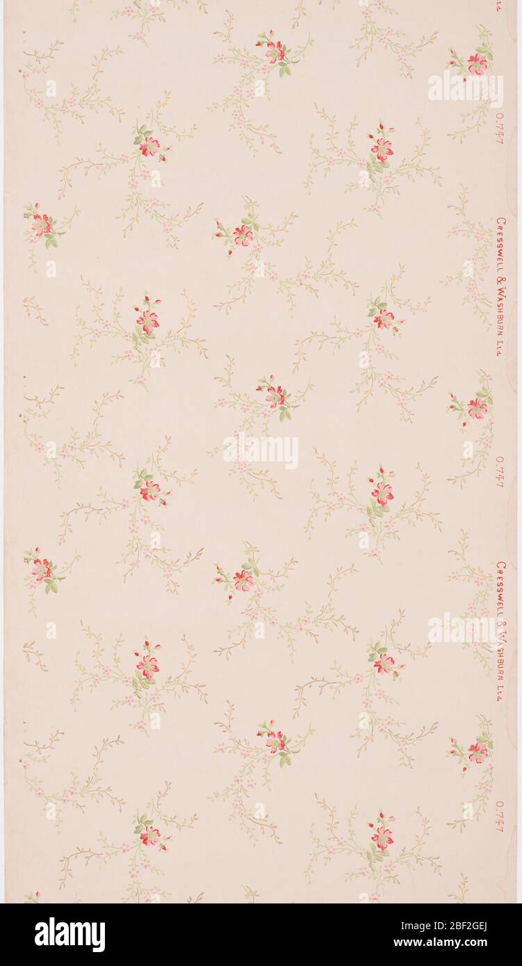 Carta da soffitto. I fiori rosa scuro si ripetono in diagonale su tutta la parete laterale. Ogni fiore ha rametti rosa chiaro e verde meandering. I grappoli di fiori si alternano in posizione e si ripetono ogni altro registro. Stampato su una terra rosa chiaro. Foto Stock