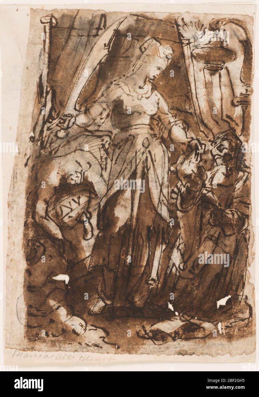 Recto Judith con il capo di Holofernes verso sinistra Judith con il capo di Holofernes verso destra disegno preliminare per la titledpage per la serie stampata delle sette virtù. Recto: Judith si trova in primo piano, una spada sguainata nella sua mano destra. Nella sua mano sinistra tiene la testa di Holofernes. Un servente si inginocchia, a destra, tenendo un sacco aperto. Il corpo di Holofernes sul divano, a sinistra. Foto Stock