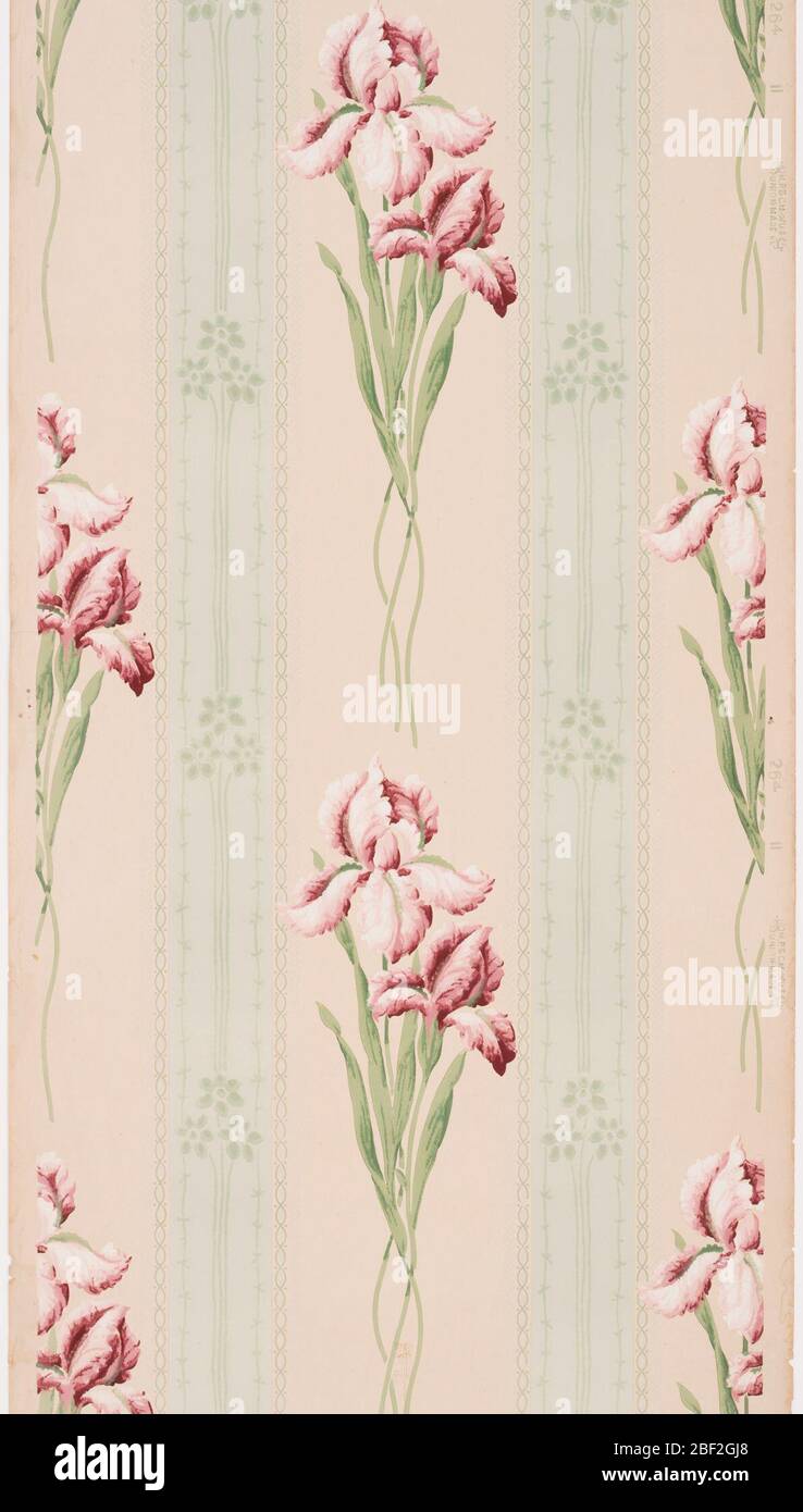 Parete laterale. Motivo a strisce floreali con fiori di iride sui gambi alternati a strisce verdi contenenti motivi floreali piccoli strung insieme. Foto Stock