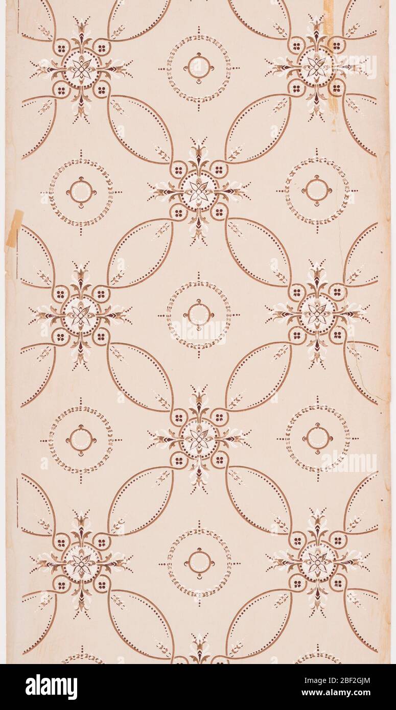 Carta da soffitto. Disegno geometrico formato da linee di curvatura. I quadrati con angoli arrotondati si sovrappongono, con un cerchio più grande circondato da quattro cerchi più piccoli nei punti di intersezione. Foto Stock