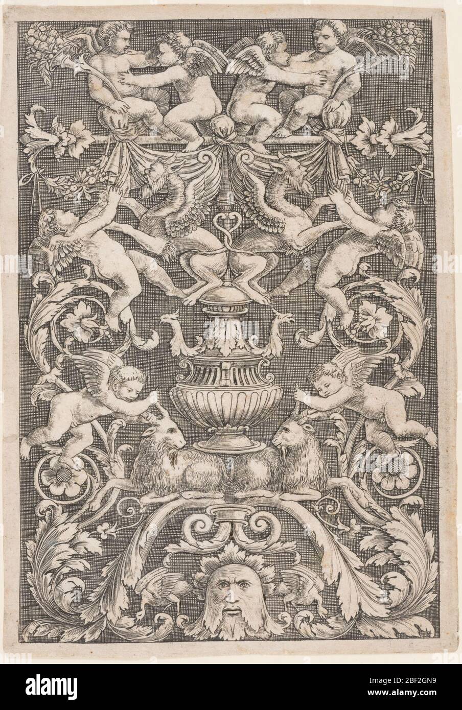 Grottesca con Putti e Manticore. Rettangolo verticale che mostra una composizione grottesca simmetrica. In cima, putti lottano due manticore. Sotto, un motivo di candelabrum, due capre e una maschera. Foto Stock