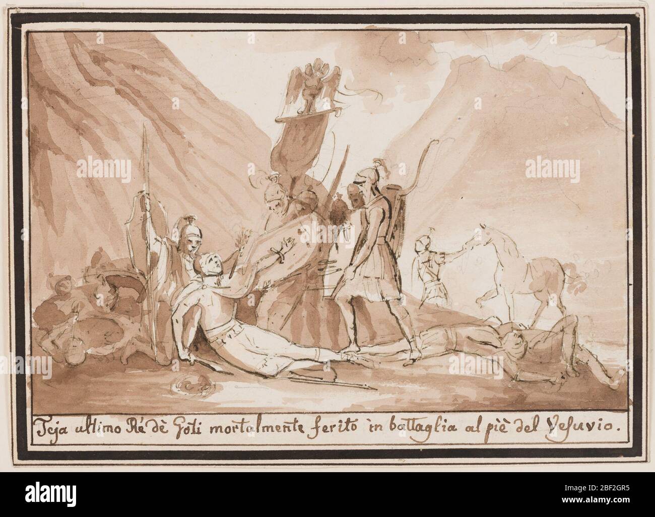 La morte di re Teja. Rettangolo orizzontale. Il re che giace a terra, sostenuto da un soldato, solleva il suo artm sinistro con lo scudo. Gli sono intorno cadaveri e soldati, uno dei quali porta un'aquila legionaria. Montagne, a destra Vesuvio come sfondo. Foto Stock
