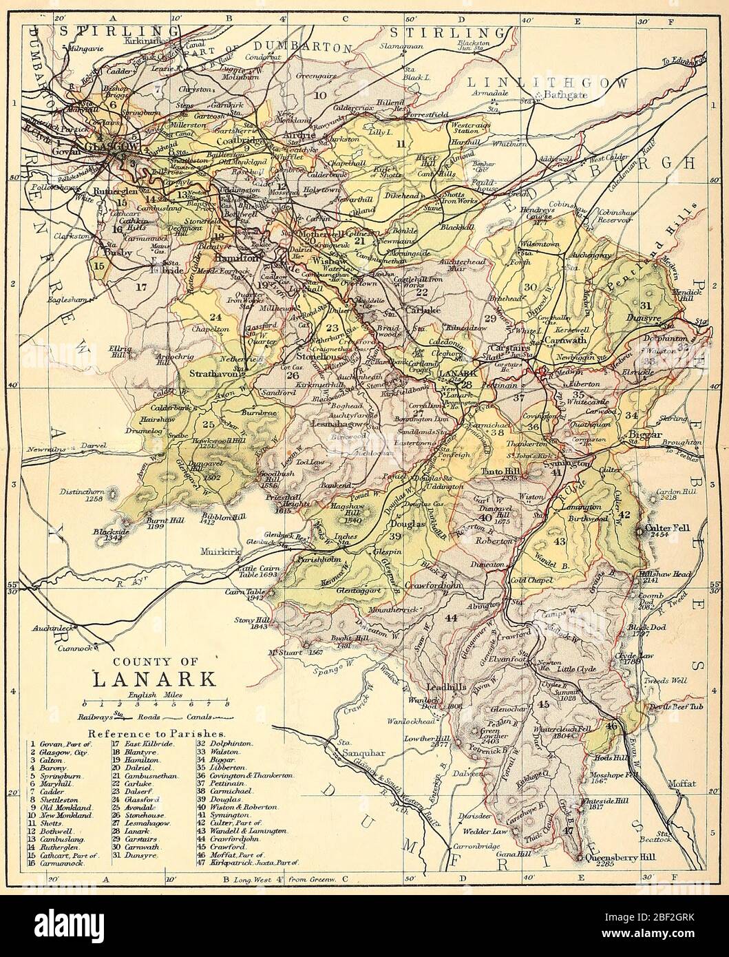 Mappa della Contea di Lanark, Scozia, circa 1891 Foto Stock