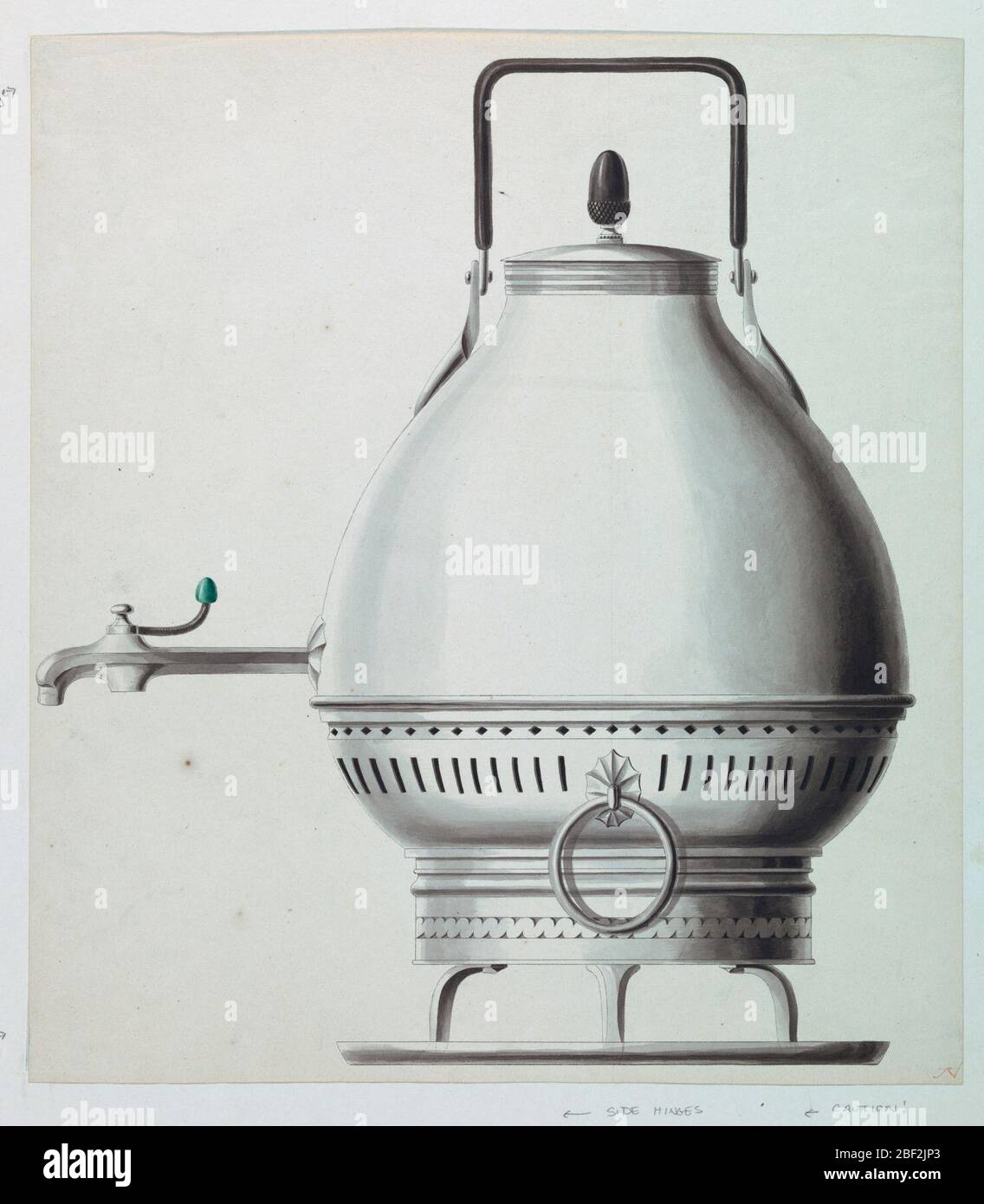 Design per un Urn su un supporto. Vista laterale di un'urna con il beccuccio a sinistra. L'urna è di forma ovale, con manico in legno curvo in alto. Il supporto è senza decorazioni, tranne che per le maniglie ad anello e le fessure d'aria. Foto Stock