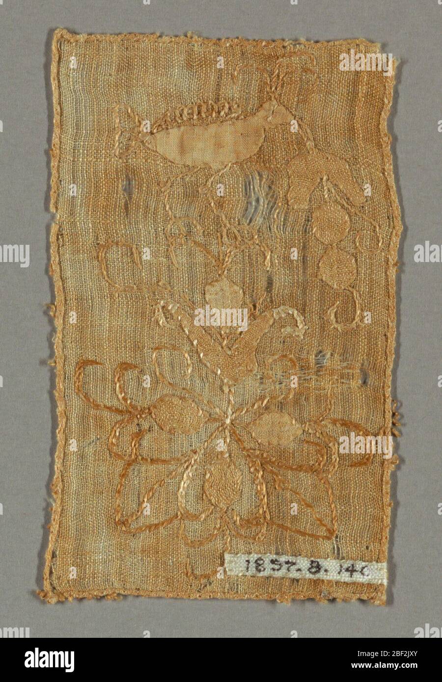 Frammento. Frammento rettangolare marrone chiaro con disegno conventionalizzato di un uccello con una foglia e forme floreali fogliate. Foto Stock Frammento. Frammento rettangolare marrone chiaro con disegno conventionalizzato di un uccello con una foglia e forme floreali fogliate. Foto Stock