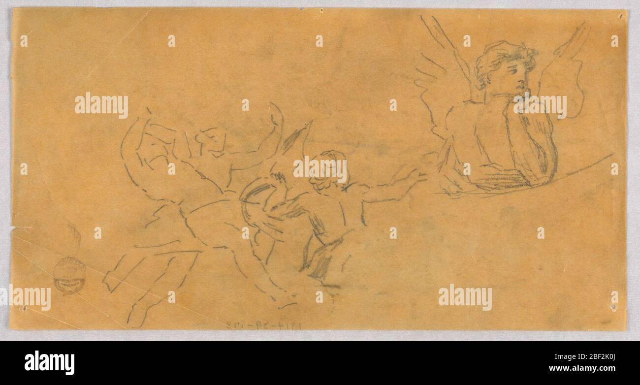 Schizzo di un Angelo e Putti. Angel, in alto a destra, con il mento nella mano sinistra, guarda verso destra. Putti, al centro, cavort sotto di lui. Foto Stock