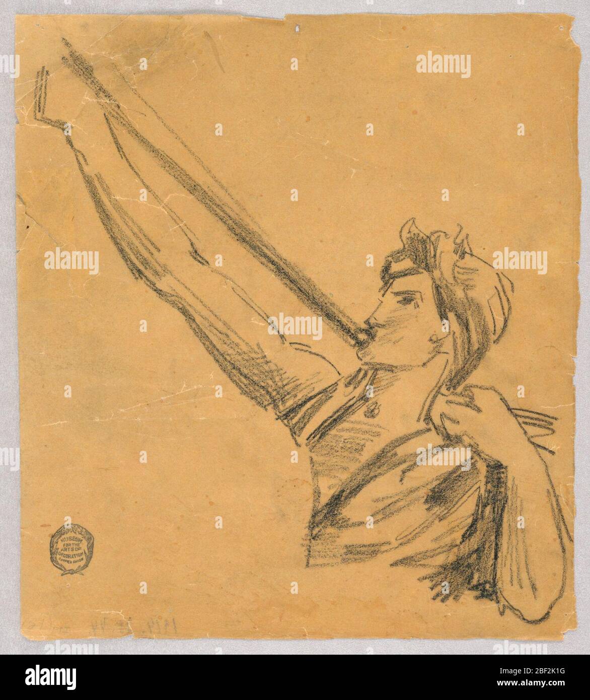 Schizzo per un angelo. È mostrata la parte superiore di un angelo, rivolto verso sinistra. Soffia una tromba, sostenuta dal braccio destro esteso. La mano sinistra giace sulla spalla. Foto Stock