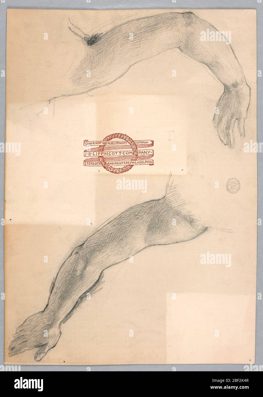 Studi di armi. Bracci allungati, visti dalla parte posteriore; braccio destro sopra, braccio sinistro sotto. Disegnato sul retro di una pagina del titolo dal libro. Sul verso: 'I tre pescatori / Thomas Hovenden' Foto Stock