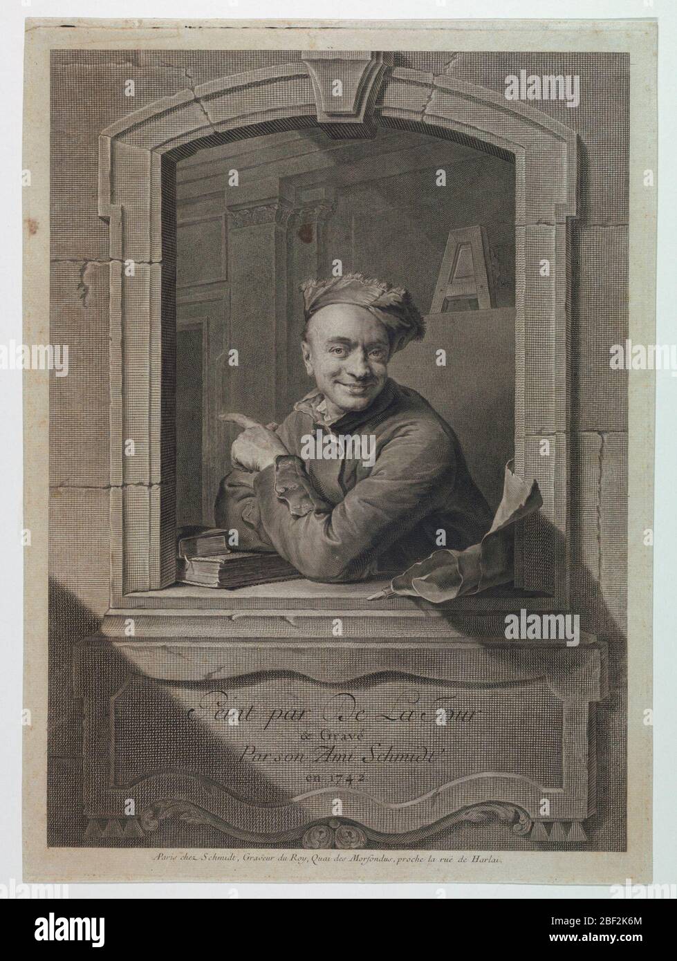 Selfritratto di MauriceQuentin de la Tour. Ritratto dell'artista, rivolto verso sinistra, guardando lo spettatore. Racchiuso nell'arenamento architettonico di una finestra, il suo braccio sinistro poggia sul davanzale, la mano rivolta verso sinistra. Foto Stock