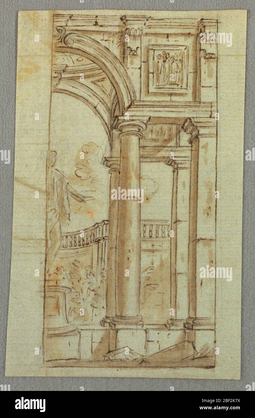 Palco Design Portico con Monumento. Rettangolo verticale. Portico con statua sullo sfondo del giardino. Viene visualizzata solo la metà dell'impostazione. Foto Stock