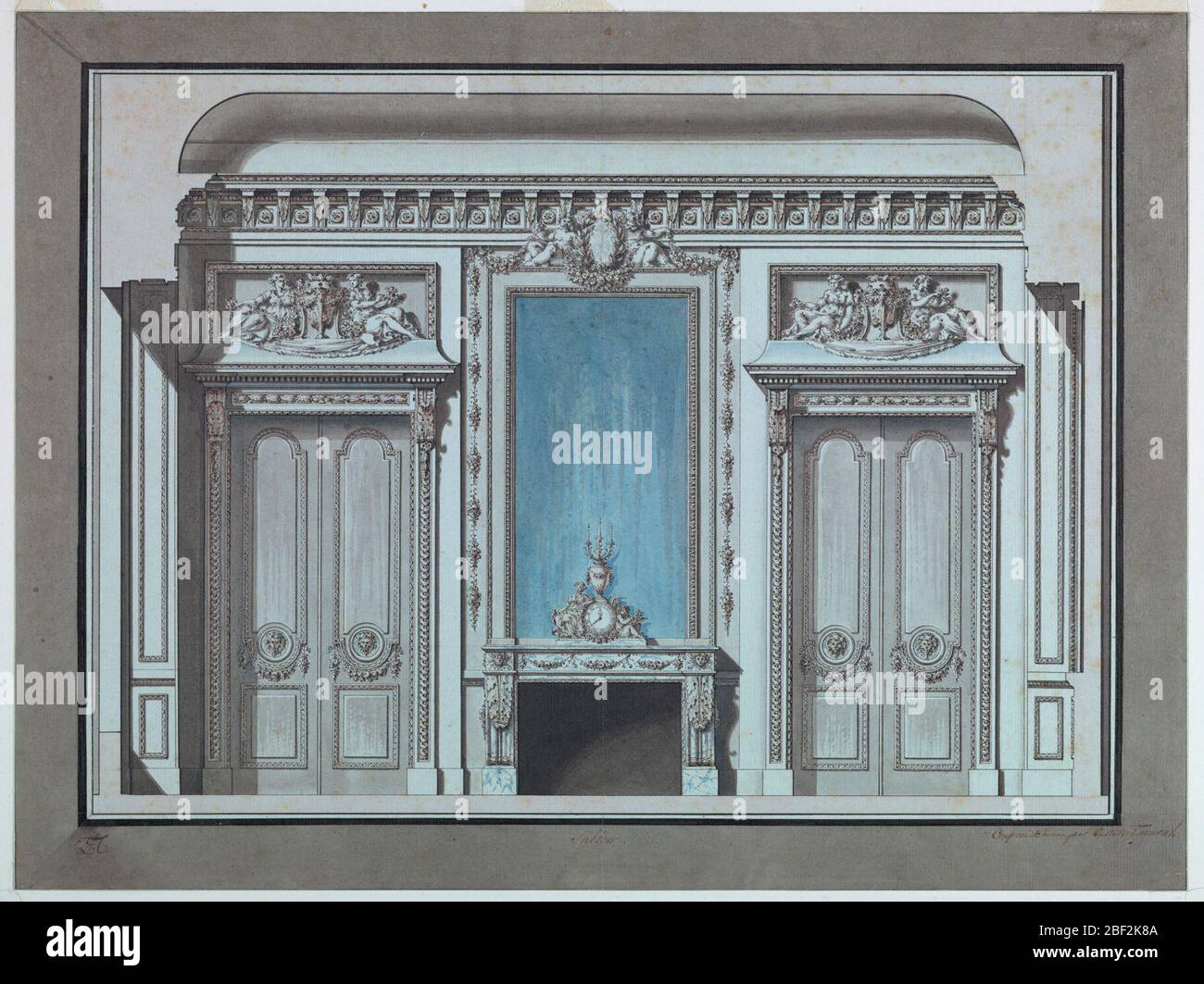 Elevazione a muro per un salone con mantelepiece. Un'impugnatura è affiancata da due porte chiuse a soffietto. Una combinazione di tempo e staffa candela si trova sul manto. Una ragazza e un bambino sono seduti accanto al quadrante. Scritto con inchiostro, cornice inferiore: 'GLT' a sinistra. Foto Stock