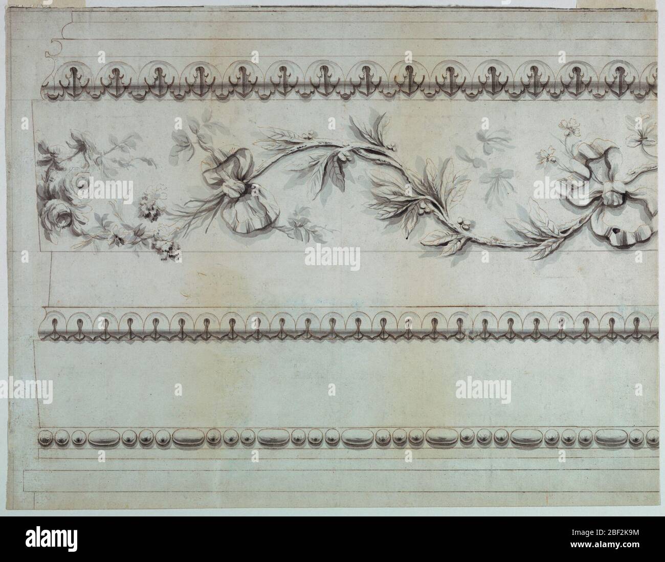 Progettazione di un telaio. Numerose modanature con e senza ornamenti. Si verificano un ovolo, una foglia e fritte a forma di freccia. Bande, in una delle quali si sovrappone in un'altra, un crescente tosse ondulato con foglie, semi e fiori è mostrato; bow-knots sono legati intorno al gambo. Foto Stock