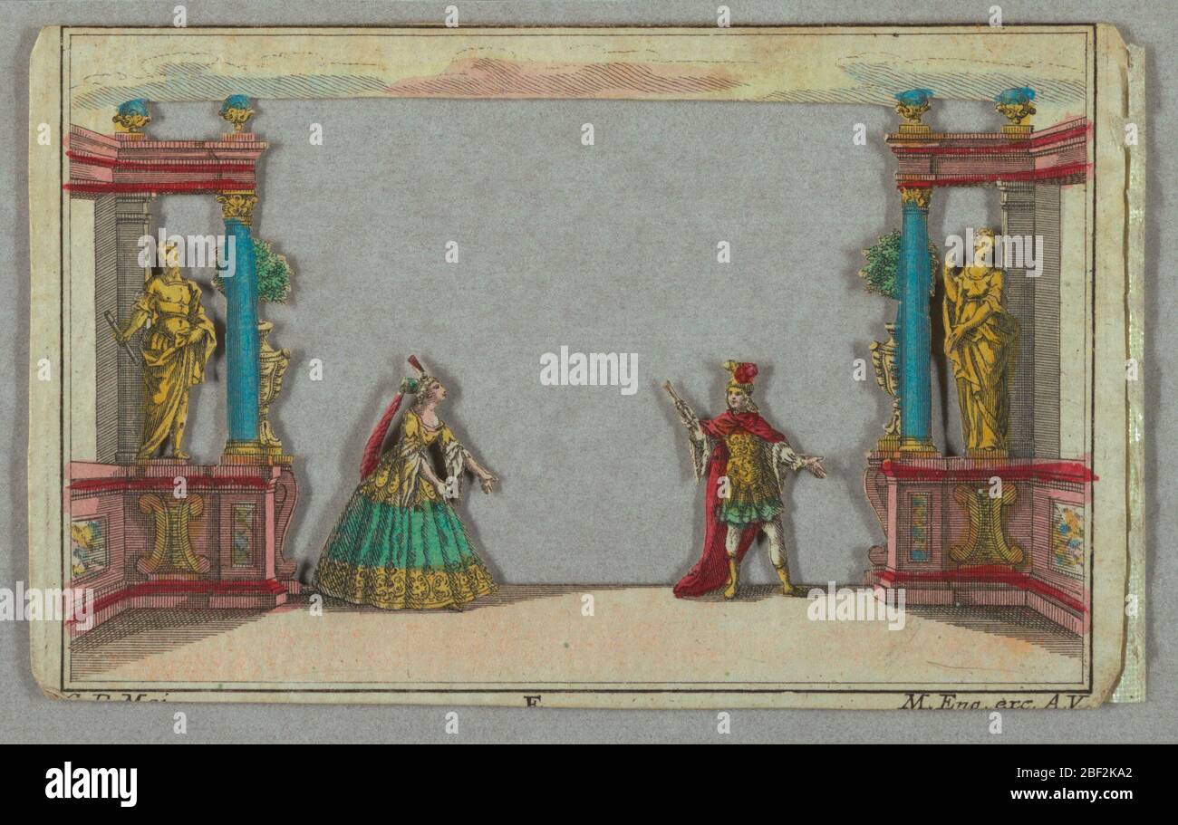 Spettacolo di Peepshow dell'Opera. Sei figure in posa istrionica in un ambiente di archi e portici con colonne in blu. Sul retro, una fontana e piscina in un giardino formale. F ha una scena giardino con fontane, rampe ed edifici sul retro. Foto Stock