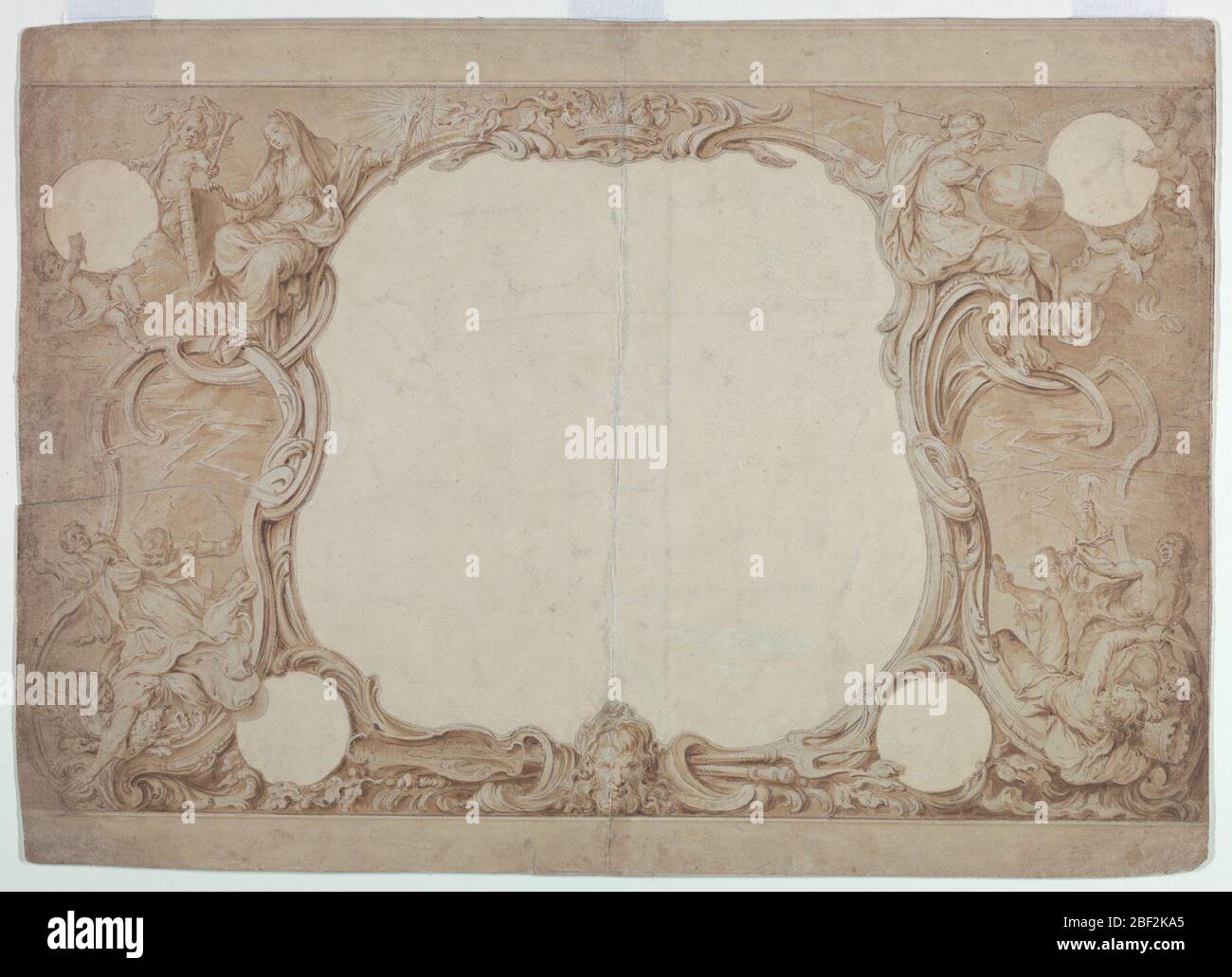 Disegno di un bordo ornamentale utilizzato per il Surround alla carta Generale in arazzi John Pines appendiabiti nella Casa dei Signori. La forma centrale e quattro cerchi non abbastanza completi (destinati ai globi) in ogni angolo sono tagliati. Foto Stock