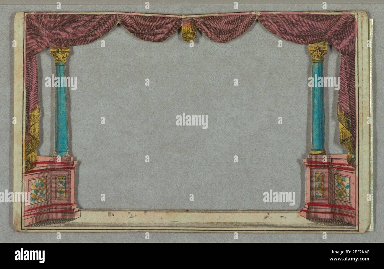 Spettacolo di Peepshow dell'Opera. Sei figure in posa istrionica in un ambiente di archi e portici con colonne in blu. Sul retro, una fontana e piscina in un giardino formale. F ha una scena giardino con fontane, rampe ed edifici sul retro. Foto Stock