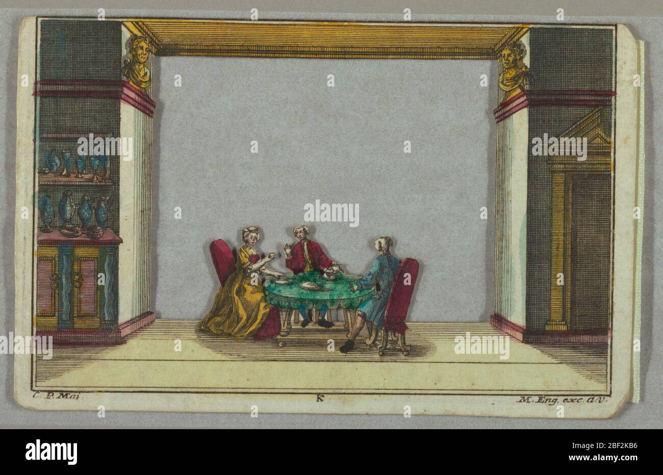 Peepshow Sezione A COFF. Interno di tre camere, mobili e costumi del tempo. Uomini e donne impegnati nel bere caffè, fumare e giocare. Foto Stock