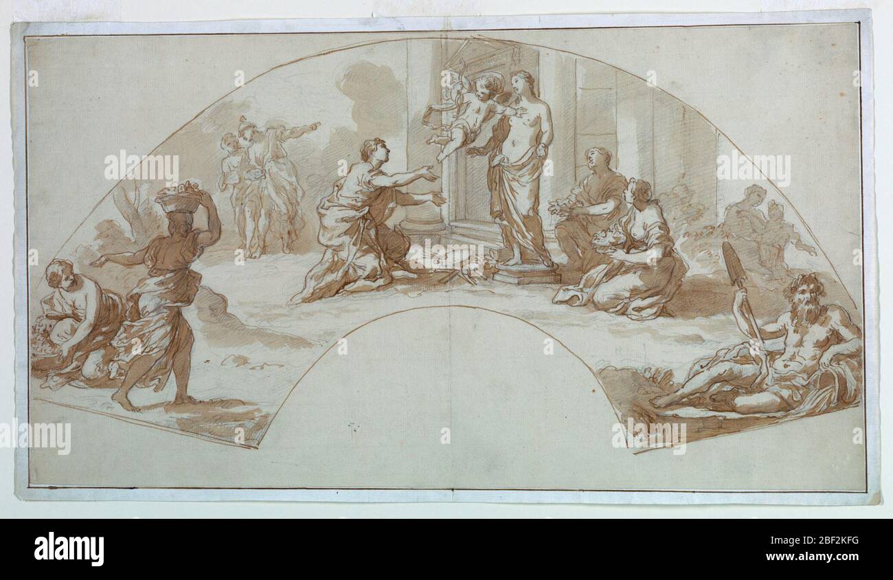 Disegno per un culto fan di Venere per Arte prima di un classico portico, una figura femminile con gli attributi delle Arti visive si inginocchia in adorazione davanti a una statua di Venere. Cupid vola sopra. Altre figure, compreso un dio di fiume in basso a destra. Foto Stock