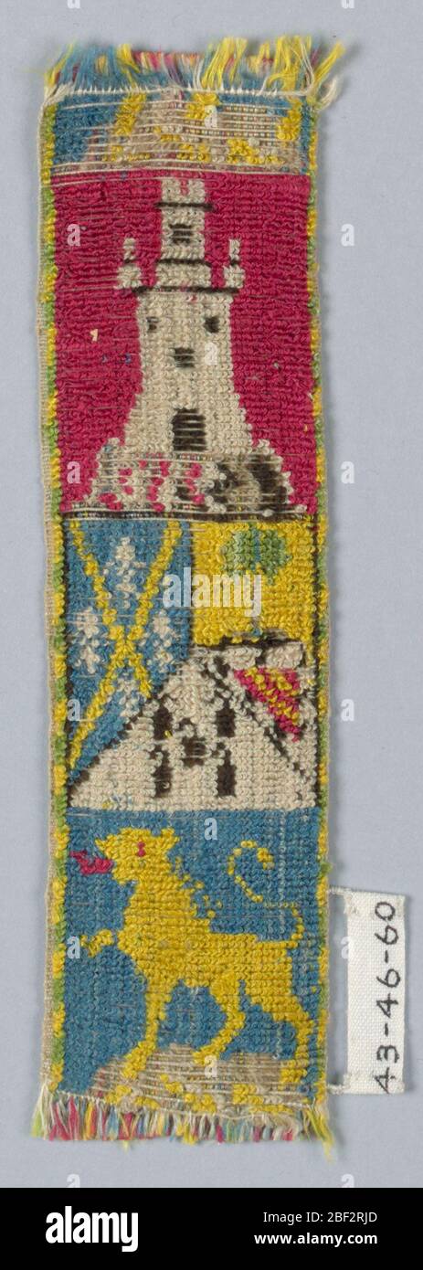 Banda livrea. Rifilatura per livrea, divisa in tre sezioni orizzontali: La sezione superiore mostra un castello bianco su terra rossa; la sezione centrale uno stemma in vari colori; e la sezione inferiore un leone rampante in giallo su terra blu. Foto Stock