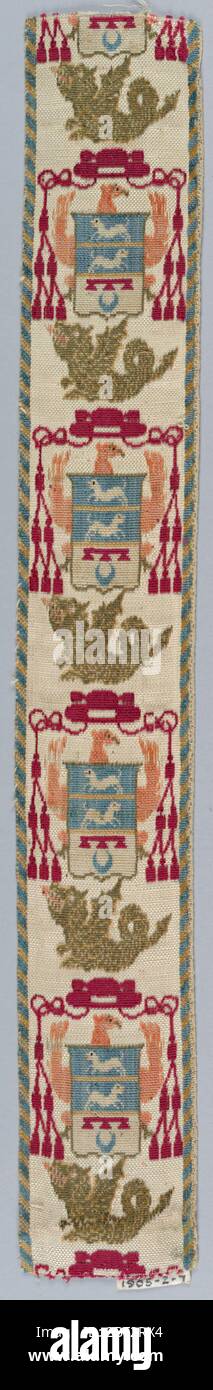 Rifilatura livrea. Disegno di un galero rosso (cappello con zappe) su un'aquila con uno scudo che mostra dispositivi araldici alternati a una creatura simile a un drago in rosso, rosa, blu e verde su un terreno bianco. Foto Stock