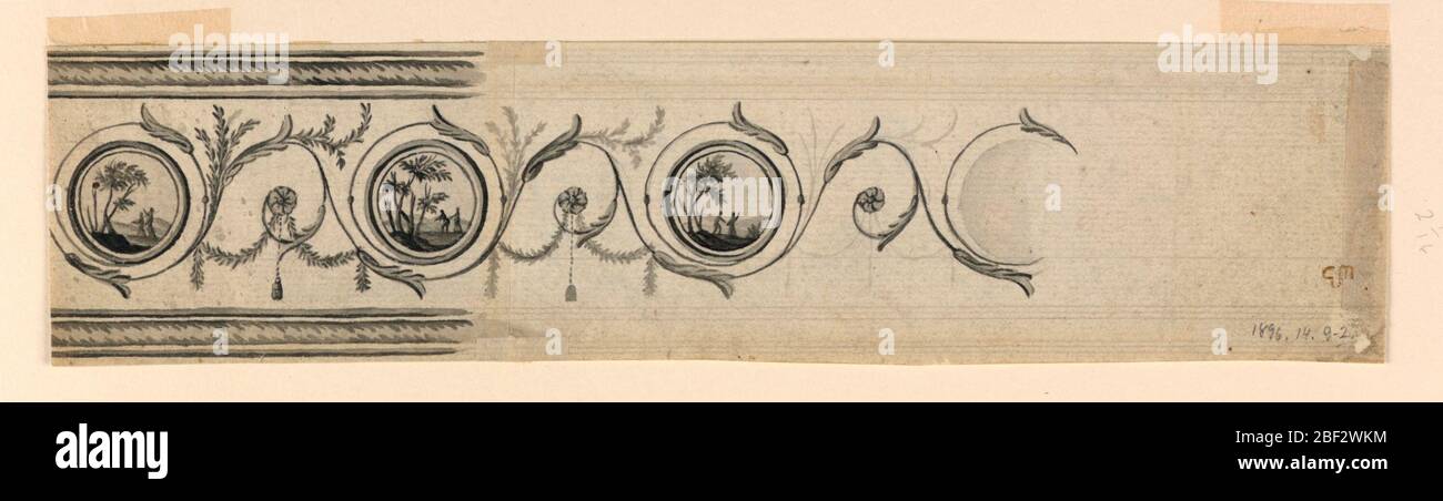 Design per un Frieze dipinto. Rincon con medaglioni circolari alle estremità delle spirali. Contengono paesaggi, ciascuno con due figure. Festoni e noci pendono dalle parti inferiori dei rinceaux. Le modanature per incorniciatura sono mostrate sulla parte superiore e inferiore. Retromarcia: satyr in paesaggio collinare. Foto Stock