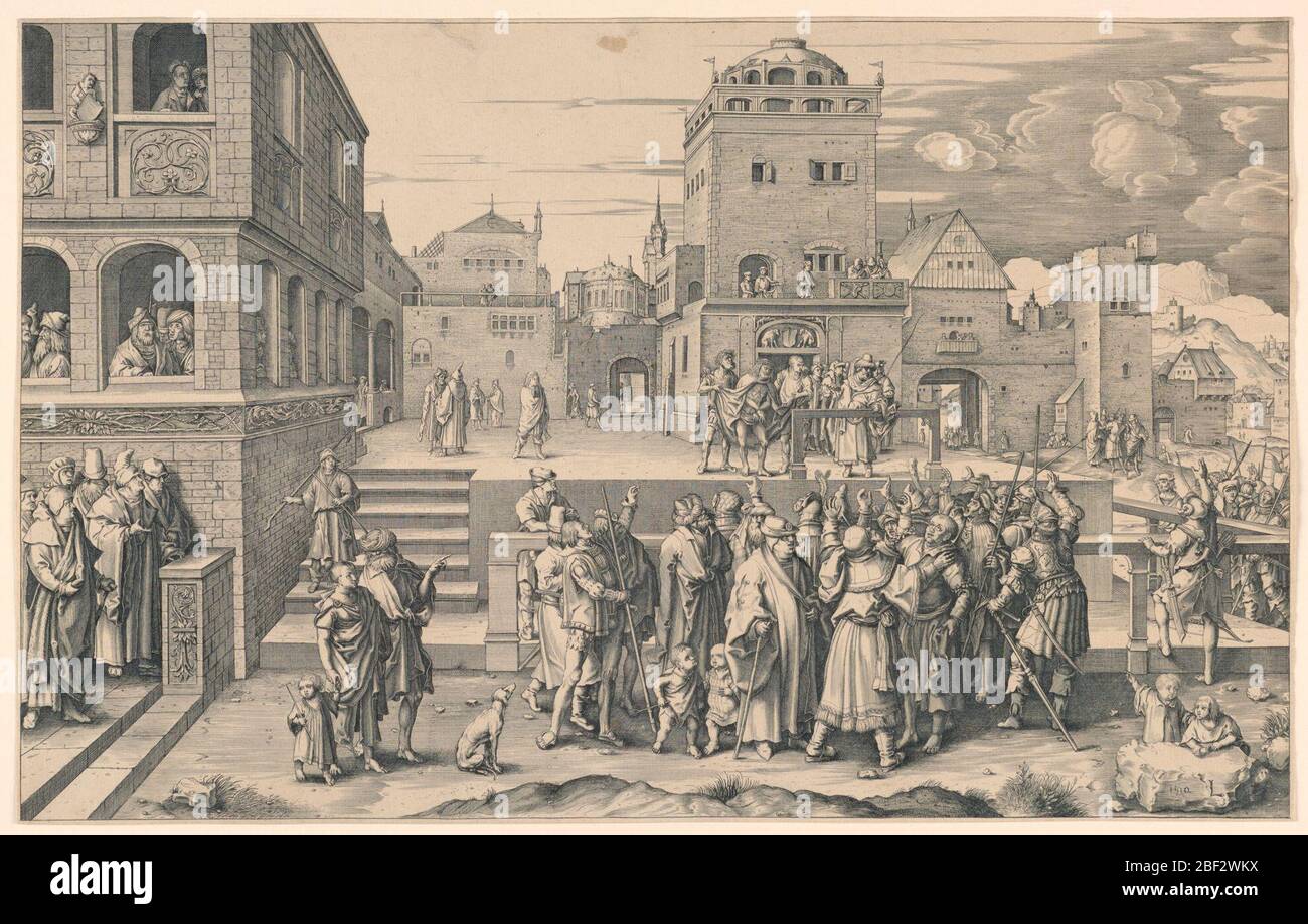 Ecce Homo copia. Una piazza della città. In primo piano, gruppi di persone. A metà distanza, su un livello elevato, Cristo viene presentato alle persone. Ci sono persone anche in background. Foto Stock