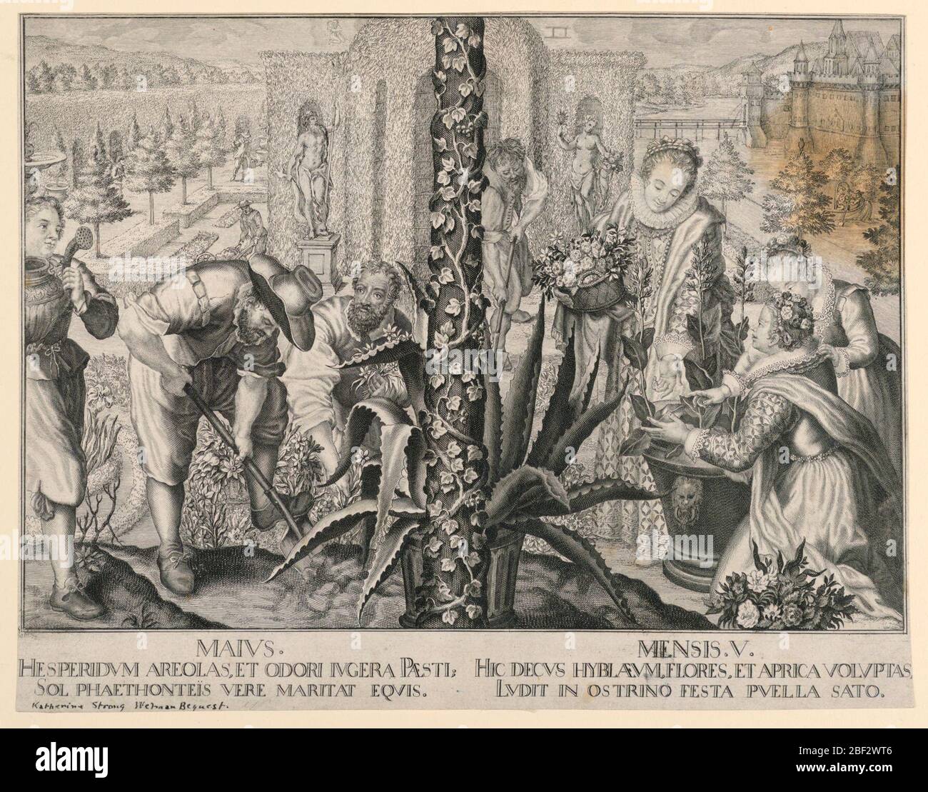 Il mese di maggio. Da una serie di mesi, dopo arazzi a Monaco di Baviera da Peter Candid. Figure di giardinieri, sinistra e Signore raccolta fiori, destra, scena divisa da un polo di edera-cresciuto al centro. Giardino. Foto Stock