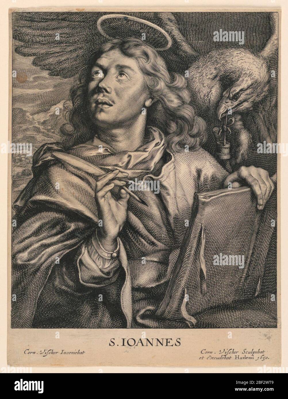 San Giovanni Evangelista S. Ioannes. San Giovanni si alza, la testa gira a sinistra, guardando verso l'alto. Dietro di lui a sinistra un paesaggio suggerisce che il santo è sull'isola di Patmos. Nella sua mano destra tiene la penna pronta a scrivere il Libro apocrifo delle rivelazioni, che tiene nella sua mano sinistra. Foto Stock