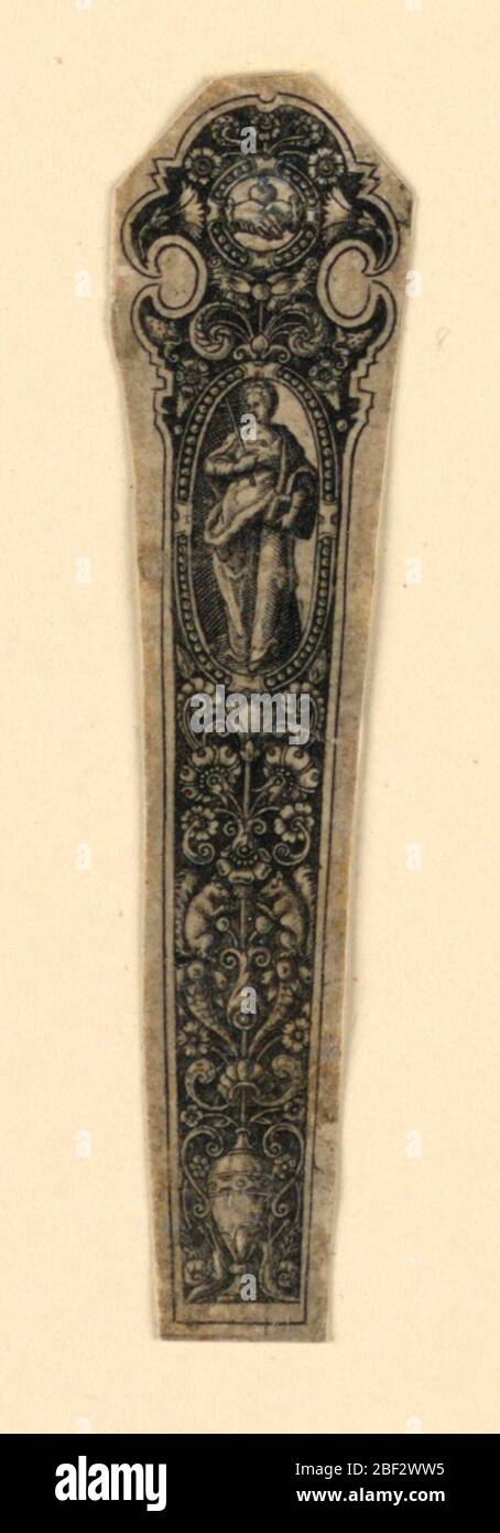 Progettare un manico per coltelli che mostri fede. La fede è mostrata in un ovoide, tenendo una croce e un libro; medaglione come in 1946-33-1 in alto. Ornamento come in 1946-33-1. Foto Stock