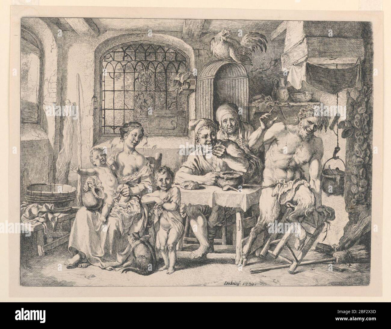 Satyr nella casa contadina. Un Satyr capovolge uno sgabello da un camino. Un contadino mangia il suo pasto con la moglie e i figli vicini. Margine inferiore inscritto: 'Dietrich 1739:. Foto Stock