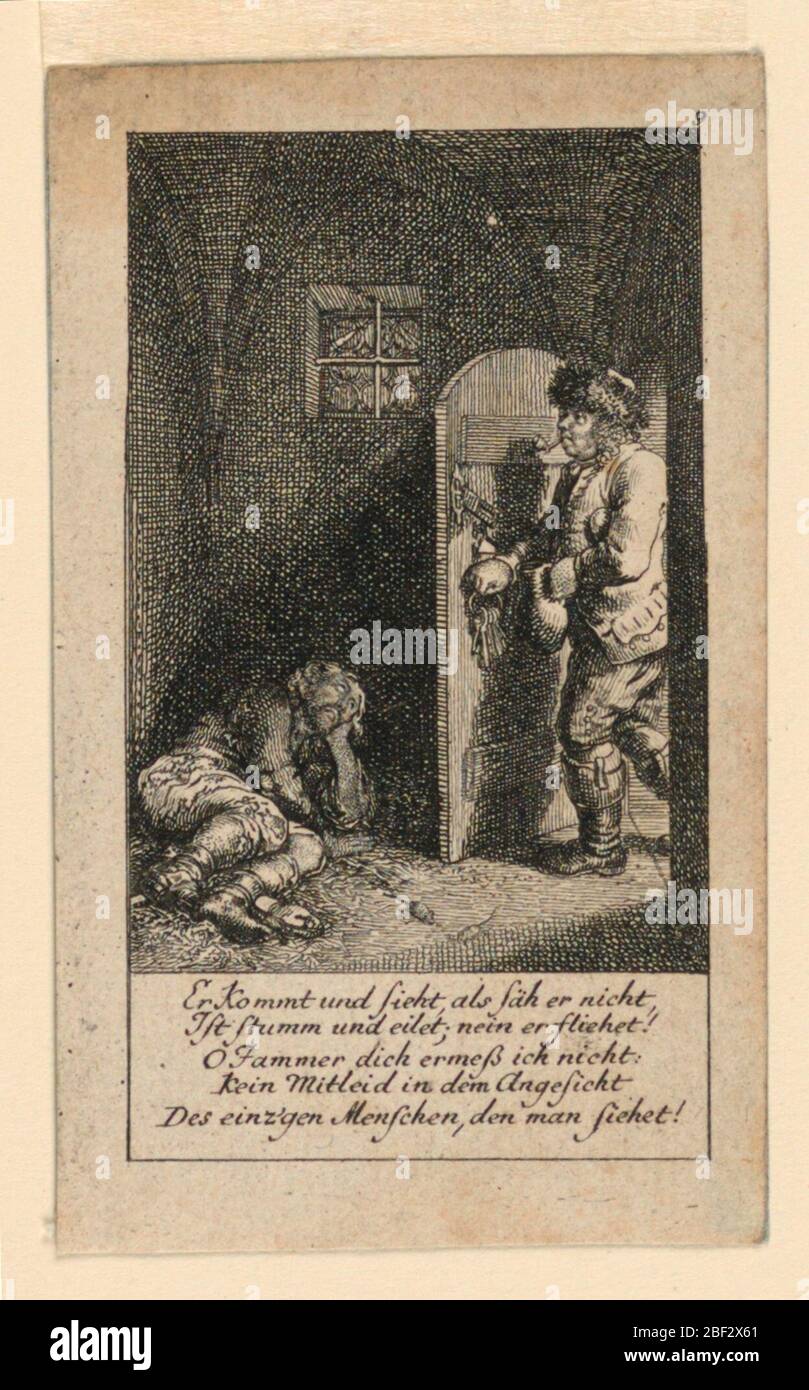 L'illustrazione di Jailbird per Knigl Grossrit anische Genealogischer Kalender auf das 1780 Jahr Lauenberg bey JG Berenberg. Un prigioniero che giace sul pavimento della sua cella guarda al carceriere, che entra. Il poema dice che il carceriere non parla e si fa male. Quanto terribile che l'unico uomo visto non mostra alcun segno di commiseration. Foto Stock