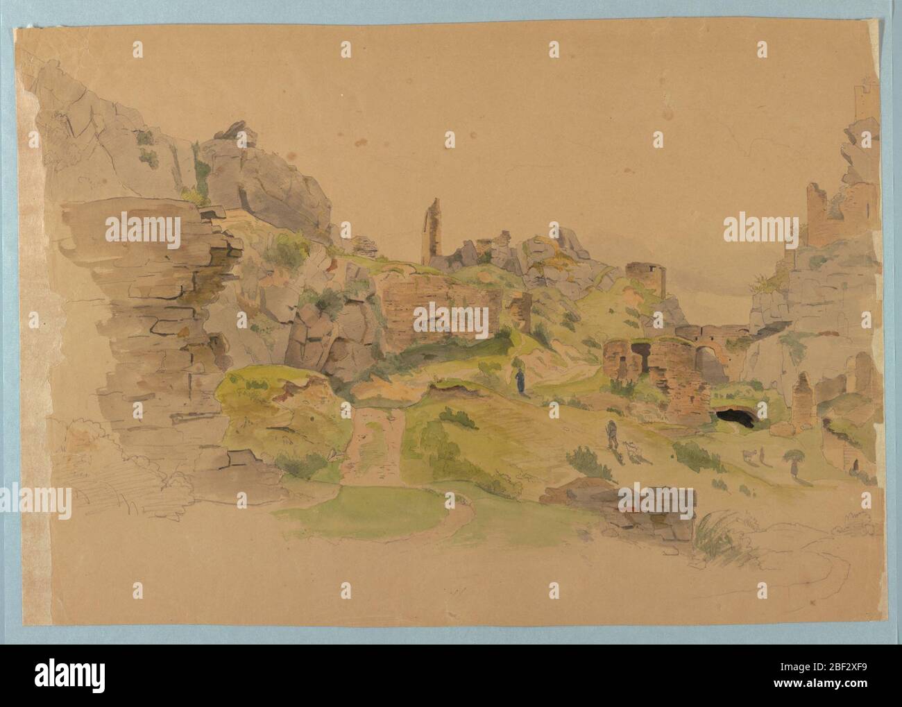 Studio del paesaggio. Disegno di un paesaggio con rovine. Foto Stock