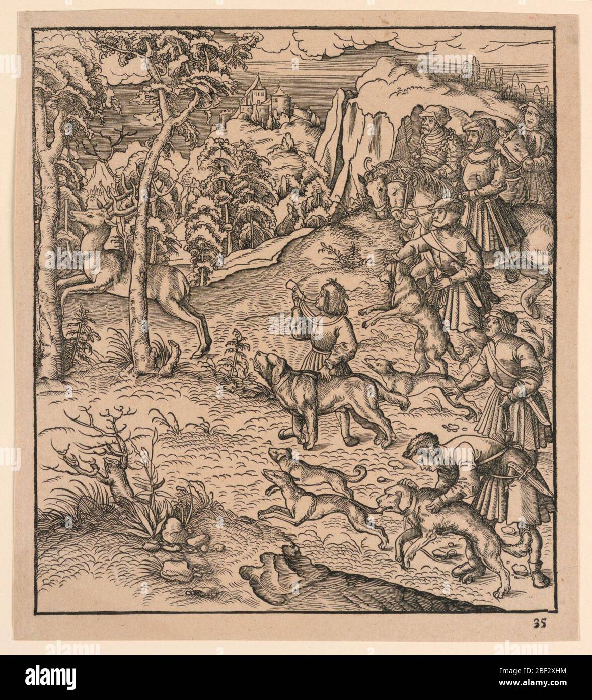 Una caccia allo Stag da Der Weisskunig. I cacciatori, a cavallo, accompagnati da schiavi e cani da caccia, seguono uno straccio che corre a sinistra. Colline e alberi sullo sfondo, e un lontano castello. "No. 35", in margine, in basso a destra. Foto Stock
