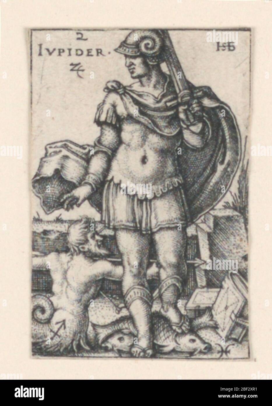 Giove dai sette pianeti. La figura di Giove, di fronte allo spettatore, e tenendo una spada nella mano sinistra, è accompagnata da Sagittario (l'arciere) e Pesci (i pesci). In alto a sinistra si trova la parola "IUPIDER" e il simbolo per lo stagno. Foto Stock